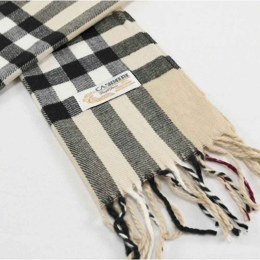 Royal Rossi 100% Mongolian Cashmere Plaid Check Scarf Tan Black White Fringe 70
